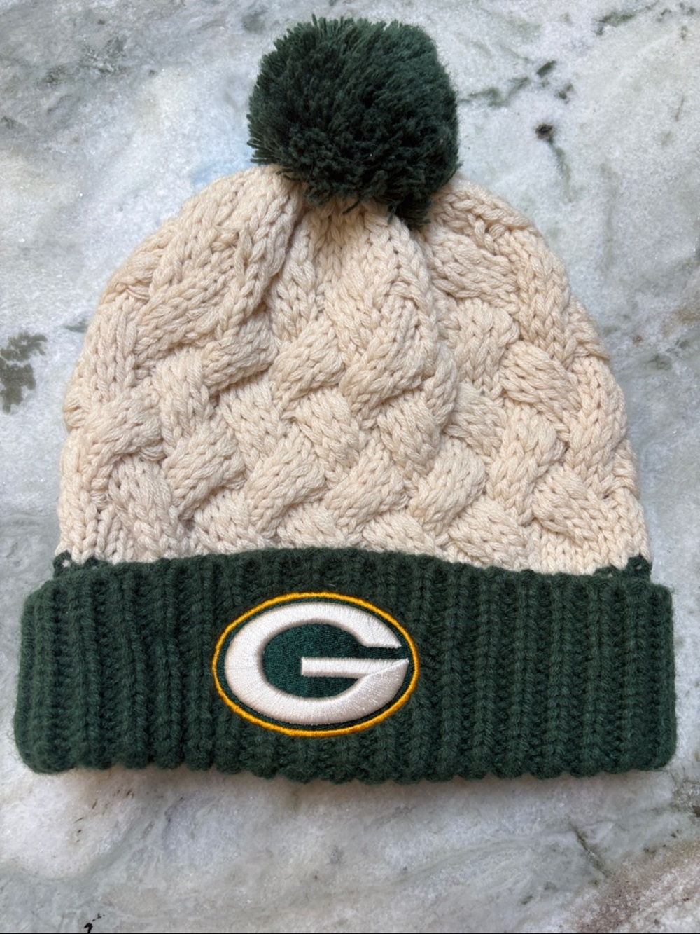 NFL Team Apparel Knit Beanie in Cream and Dark Green